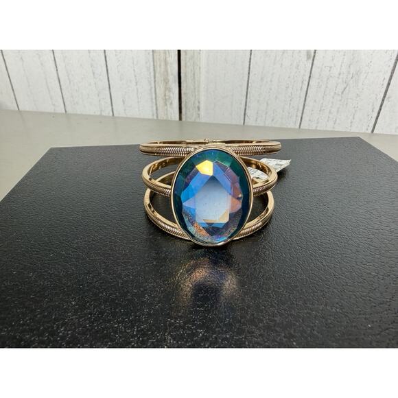 Statement Cuff Bracelet Large Blue Faceted Rhinestone Gold Tone Sparkle - Picture 1 of 4